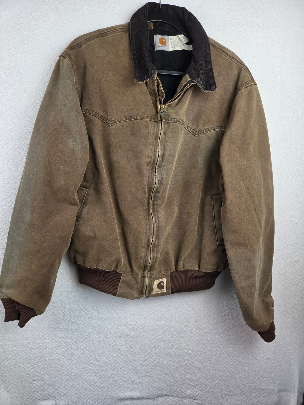 Great Sun Fade Distressed Carhartt Work Jacket, Cordoroy Collar, Size Large,
